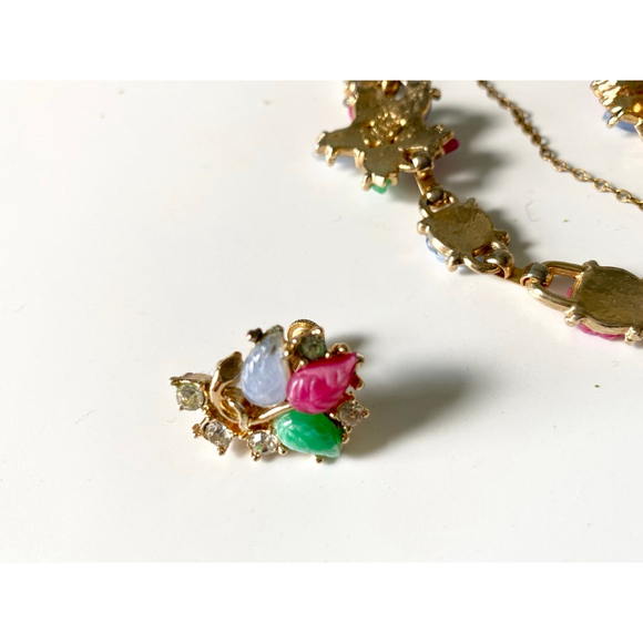 Vintage Glass Tutti Frutti Flower Crystal Necklace Earring Set. Pink Green Blue - Picture 7 of 7